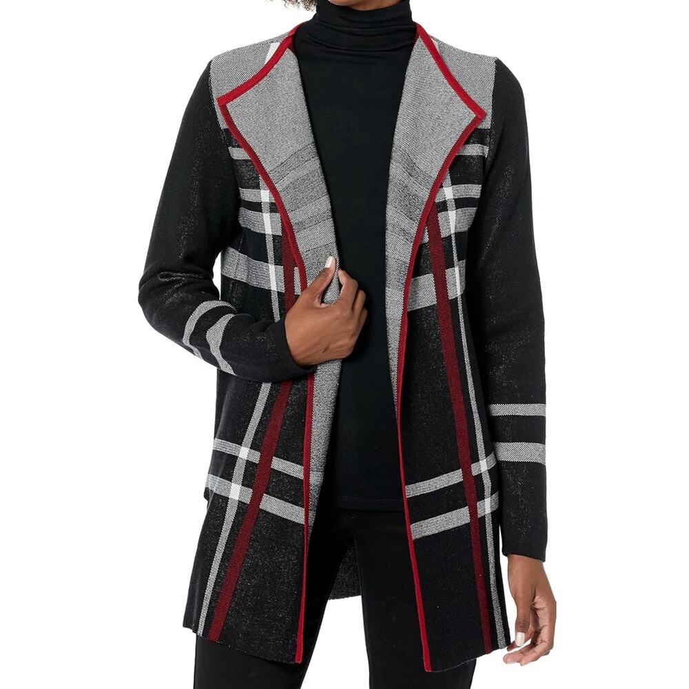 Anne Klein Cotton Acrylic Blend Black White Red Plaid Open Cardigan Sweater
